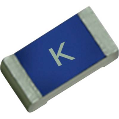 Een klein, blauw elektronisch onderdeel met een metalen frame, gemarkeerd met de letter 'K' op het oppervlak.
