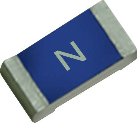 'Een close-up van een oppervlakte-gemonteerde elektronische weerstand, voorzien van een blauwe behuizing en de letter N.'