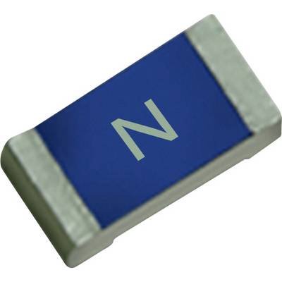 'Een close-up van een oppervlakte-gemonteerde elektronische weerstand, voorzien van een blauwe behuizing en de letter N.'