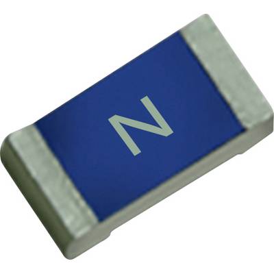 Een kleine blauwe weerstand met zilveren randen, gemarkeerd met de letter 'N'.