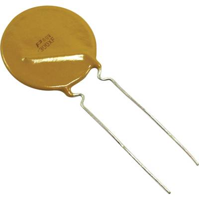 De afbeelding toont een circulaire schijfvormige varistor met twee metalen aansluitdraden die naar beneden uitsteken. Deze wordt gebruikt om circuits tegen spanningspulsen te beschermen.