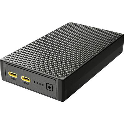 Een zwarte gestructureerde draagbare powerbank met twee gele USB-poorten, indicatorlampjes en een aan/uit-knop aan de zijkant.