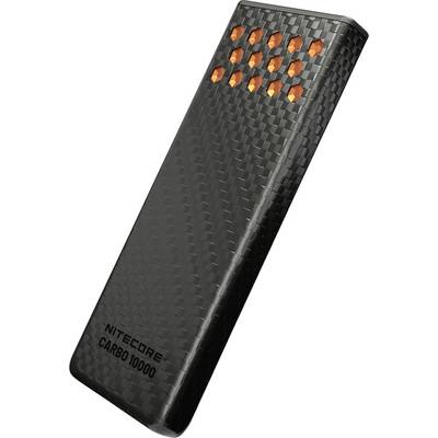 'Zwarte koolstofvezel-getextureerde powerbank met oranje accenten, gelabeld NITECORE CARBO 10000.'