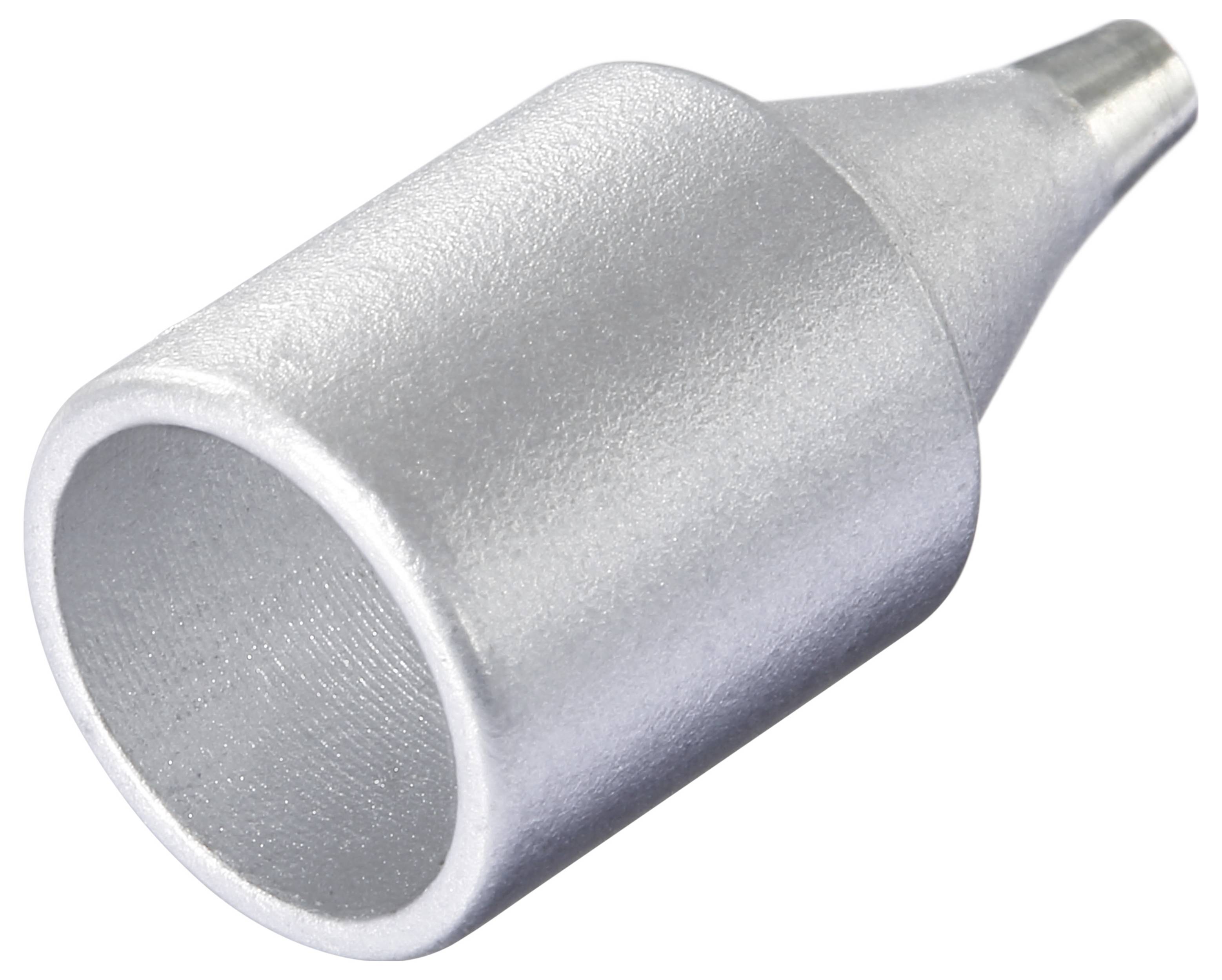 Een metalen, conische connector of aansluitpunt met een licht gestructureerd oppervlak, met een bredere cilindrische basis die taps toeloopt naar een smal uiteinde.
