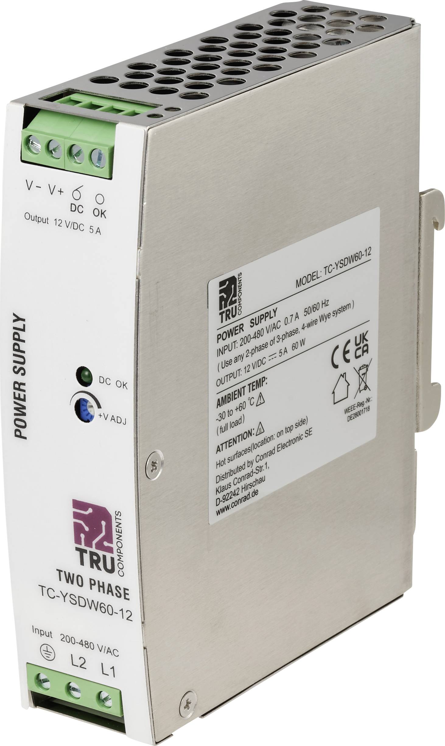 Industriële TRU-voedingseenheid met gelabelde aansluitklemmen en statuslampen, met 12 VDC-uitgang en 200–480 VAC-ingang.