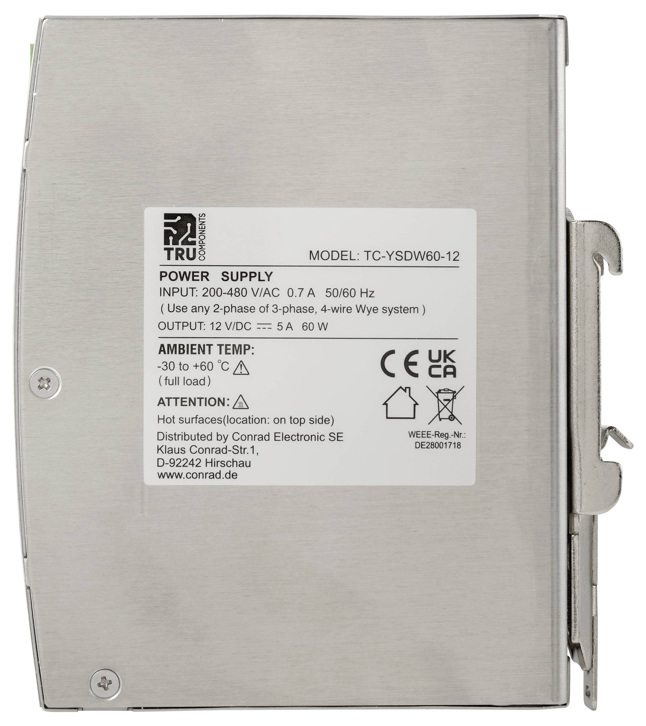 Etiket op een metalen voedingseenheid met model TC-YSDW60-12, ingang 200-480 VAC, uitgang 12 VDC 5 A, 60 W.
