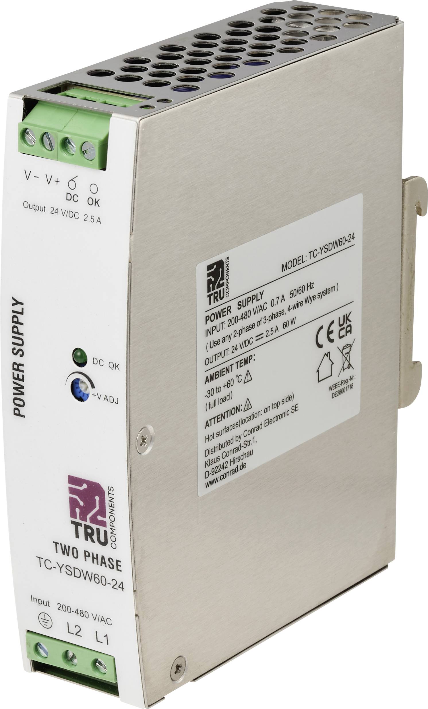 Industriële DIN-railvoeding module van TRU Components, model TC-YSDW60-24, met groene schroefklemmen en status-LED's.
