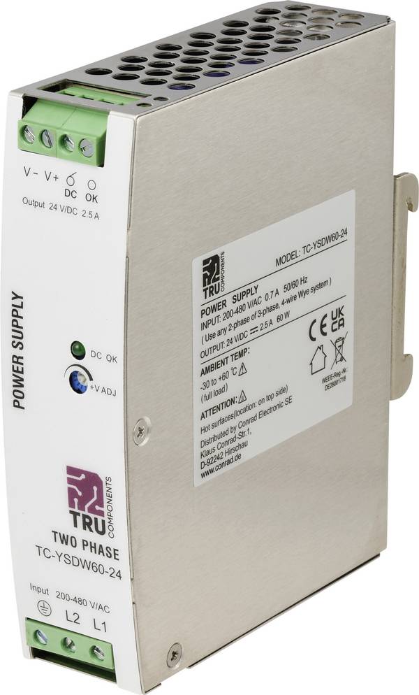TRU COMPONENTS TC-14556824 DIN-rail netvoeding Verbruik (stand-by) 0.8 W 24 V/DC 2.5 A 60 W Aantal uitgangen:1 x  Inhoud 1 stuk(s)