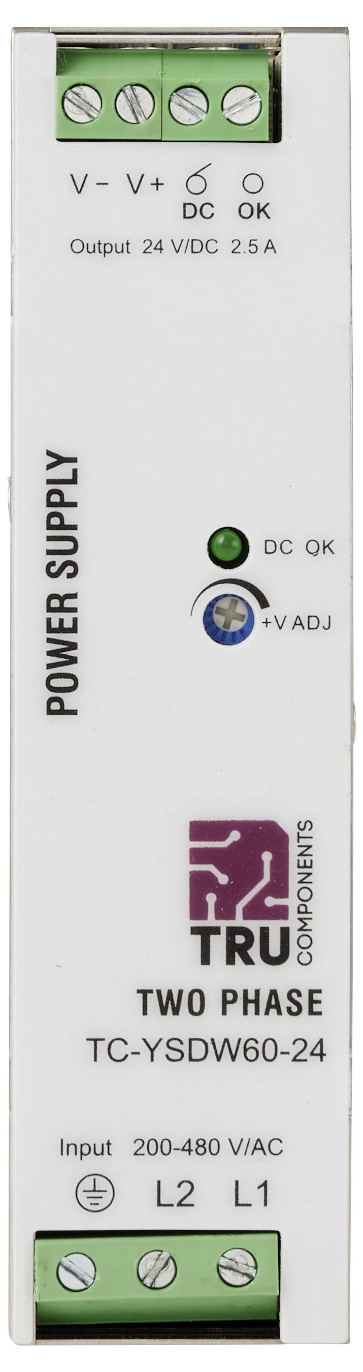 Tru Components tweefase voedingsmodule met groene schroefklemmen, DC OK indicator en +V regelaar, gelabeld TWO 60W 24V, TC-YSDW60-24.