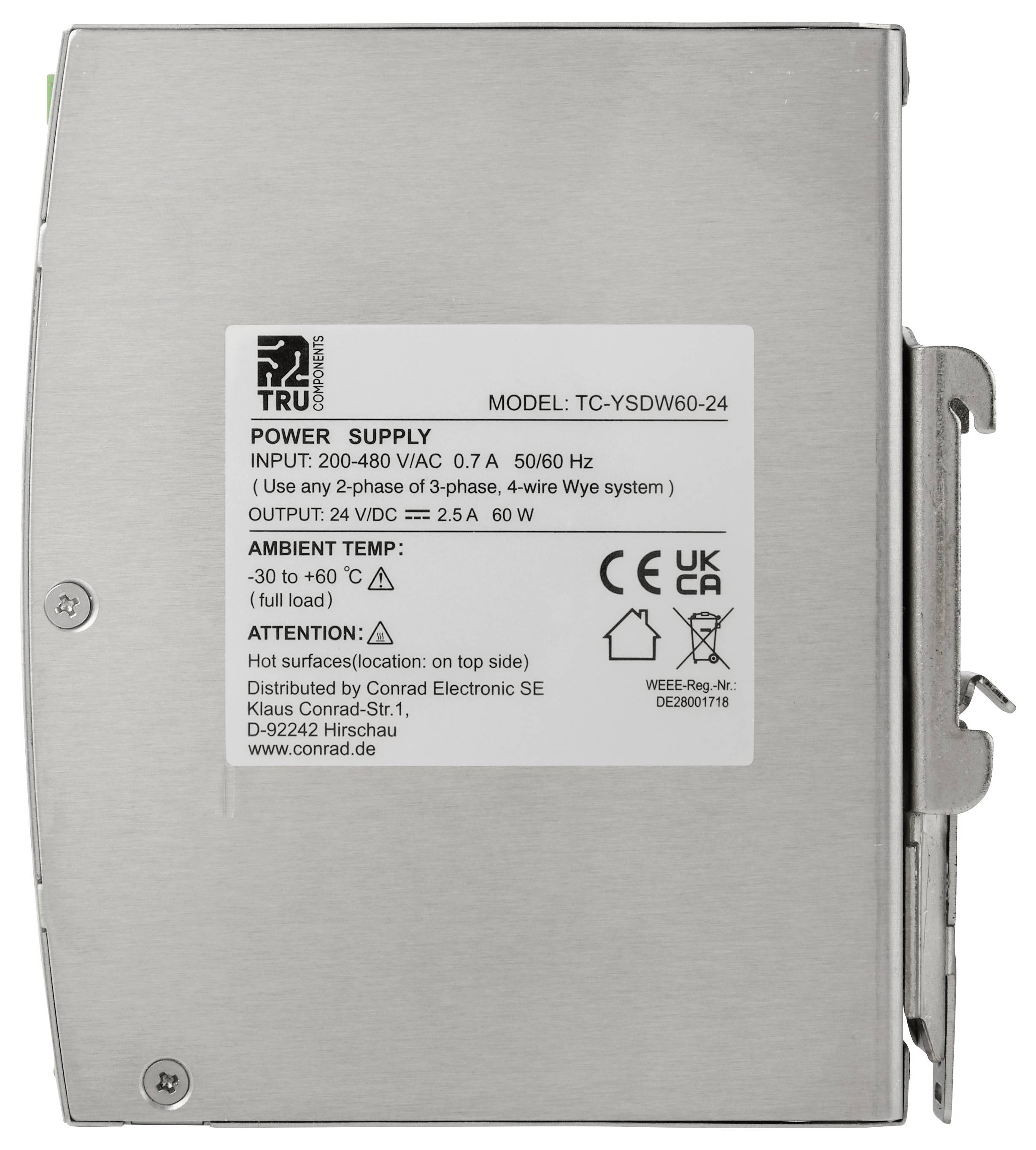 Roestvrijstalen voeding gelabeld 'TRU Components' model TC-YSDW60-24, met ingang 200-480 V AC en uitgang 24 V DC.