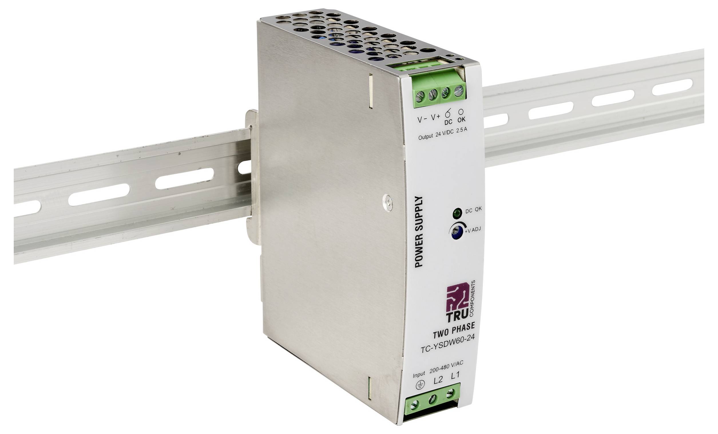 Industriële DIN-rail voedingseenheid gemonteerd op een metalen rail, met schroefklemmen en status-LED's aan de voorkant.