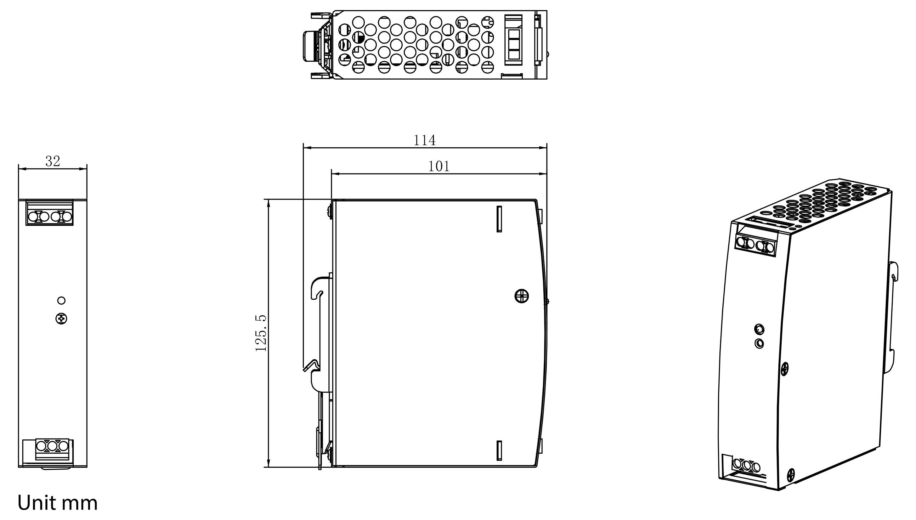 Technische dimensionering van een rechthoekig apparaat weergegeven in voor-, zij-, bovenaanzicht en isometrische weergave, met afmetingen in millimeters.