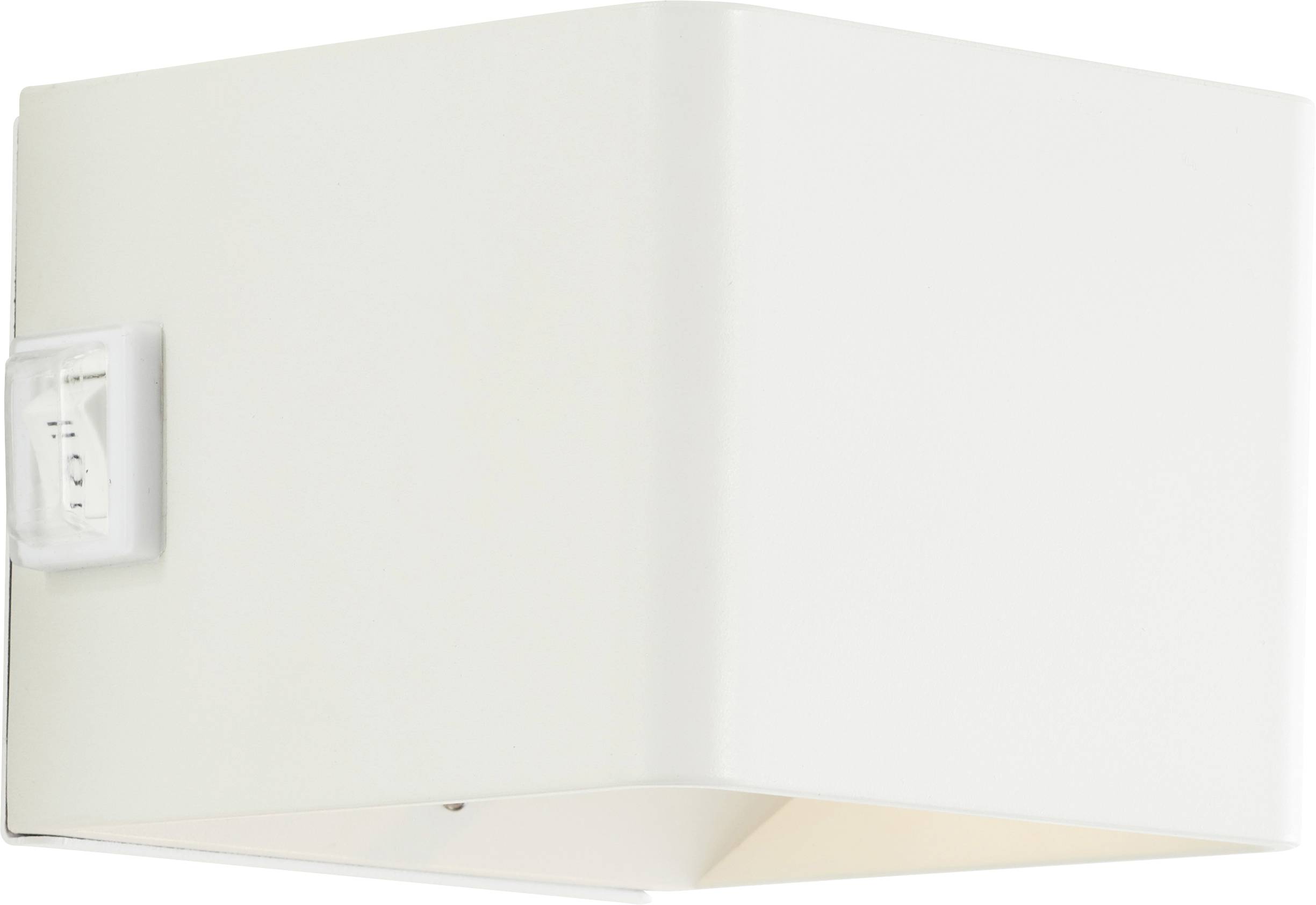 Een witte, kubusvormige wandlamp met een schakelaar aan de zijkant, ontworpen voor binnenshuise verlichting.