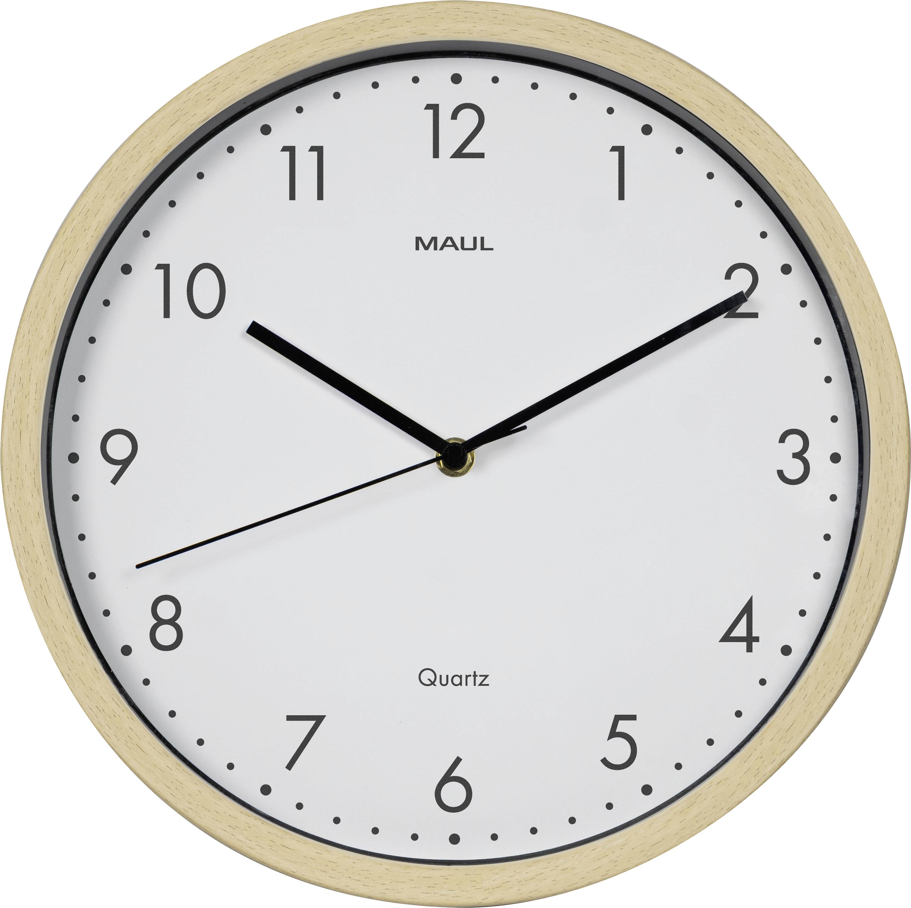 Een ronde wandklok met een houten lijst toont de tijd 14:28. De klokschijf is wit met zwarte uur-, minuten- en secondewijzers.