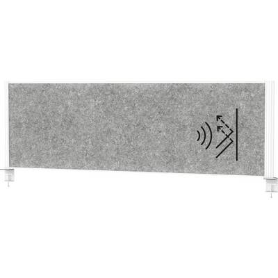 Een grijze akoestische paneel met een geluidsgolfpictogram en pijl, aangebracht op een muur, geeft geluidsabsorptie- of geluidsisolatiecapaciteiten aan.