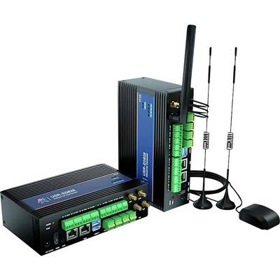 Twee communicatieapparaten met antennes en meerdere groene aansluitingpoorten worden weergegeven. Één apparaat toont het label 'LTE 4G/LTE'.
