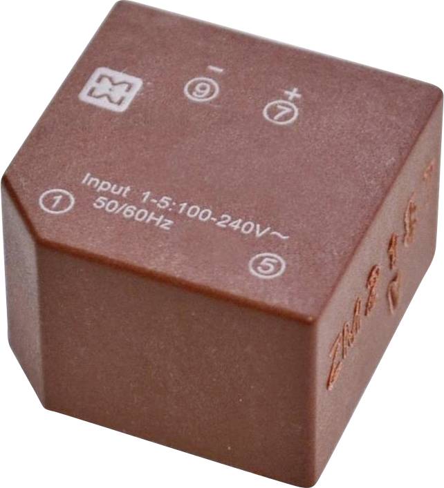 Een bruine voedingseenheid met opschriften: 'Input 1-S:100-240V~ 50/60Hz', inclusief genummerde verbindingssymbolen en een plus/min-teken.