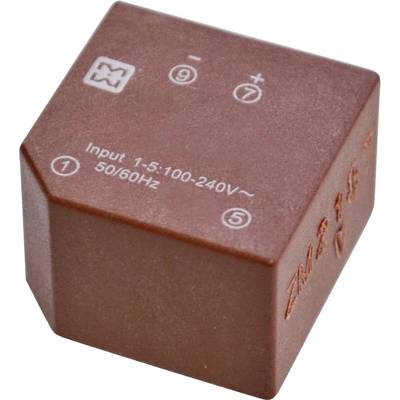Een bruine elektrische component met symbolen, nummers en tekst die leest 'Input 1-5:100-240V~ 50/60Hz'.