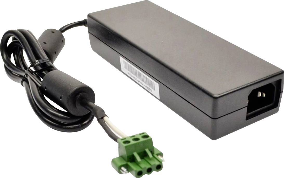 Een zwarte rechthoekige stroomadapter met een aangesloten kabel die eindigt in een groene aansluiting, gebruikt voor het verbinden van elektronische apparaten met stroombronnen.
