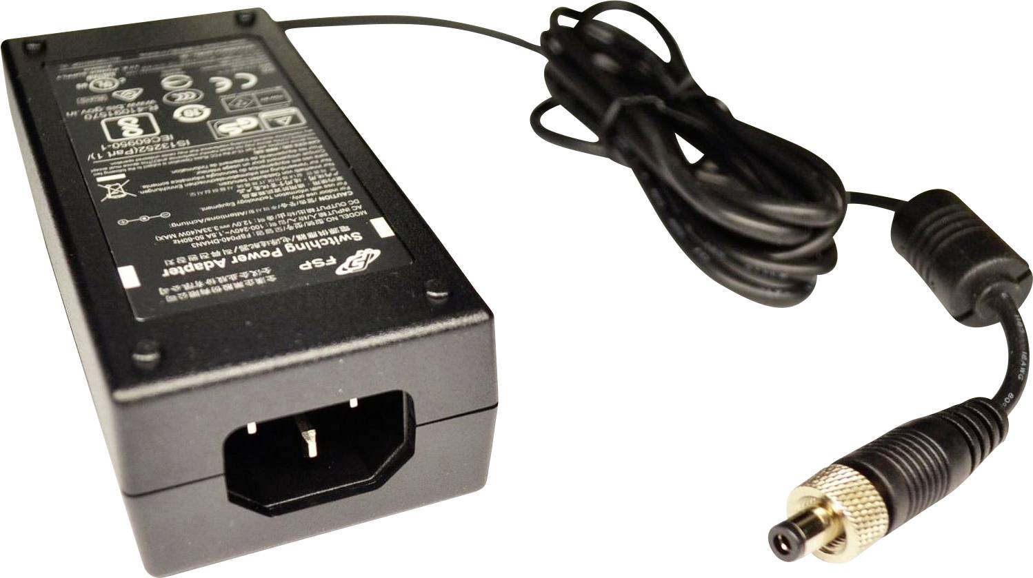 Een zwarte stroomadapter met aangesloten kabel en stekker.
