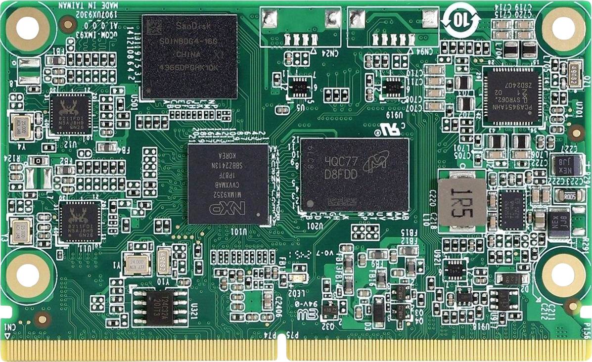 Close-up van een groen printplaatje met verschillende microchips, weerstanden en condensatoren. Het is een compacte elektronische module.