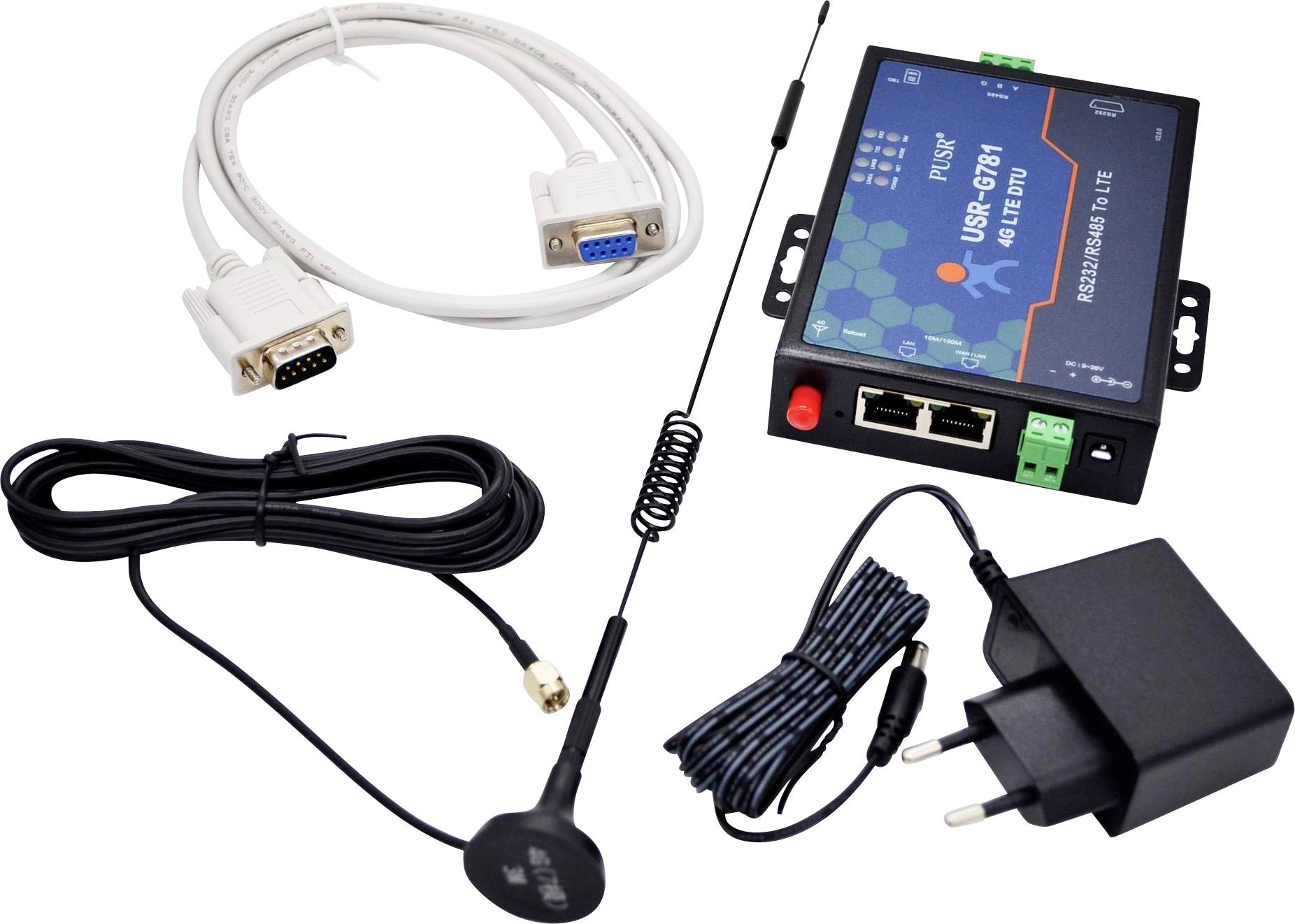Een telecommunicatieapparaatkit met een hoofdmodem met verschillende poorten, een antenne, stroomadapter en verbindingskabels.