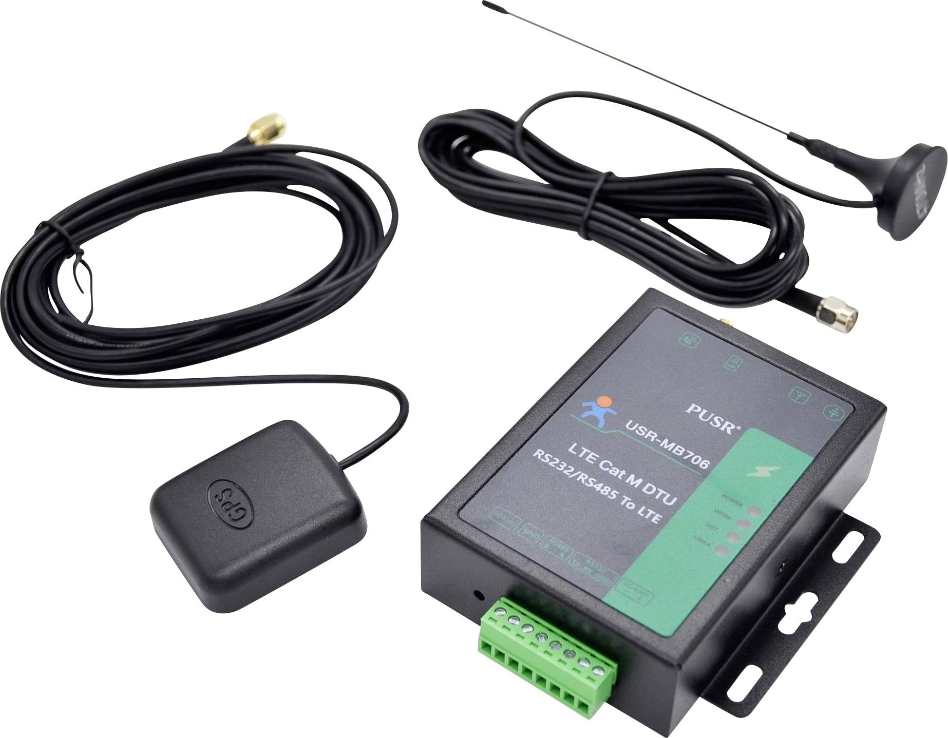 Een PUSR LTE CAT M module met een zwarte kabel en antenne, geschikt voor het verbeteren van mobiele netwerkconnectiviteit in elektronische apparaten.