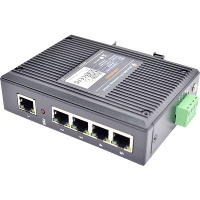 Een zwarte netwerkswitch met vijf Ethernet-poorten, gelabeld 1 tot 5, en LED-indicatoren. Een groen aansluitblok is aan de rechterkant aangesloten.