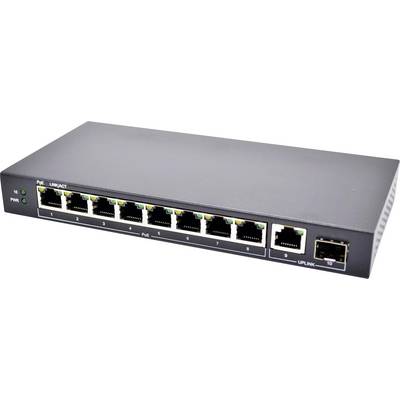 Een netwerkschakelaar met acht Ethernet-poorten en LED-indicatoren voor stroom- en verbindingsstatus, gebruikt voor het beheren van gegevensverkeer in een systeem.