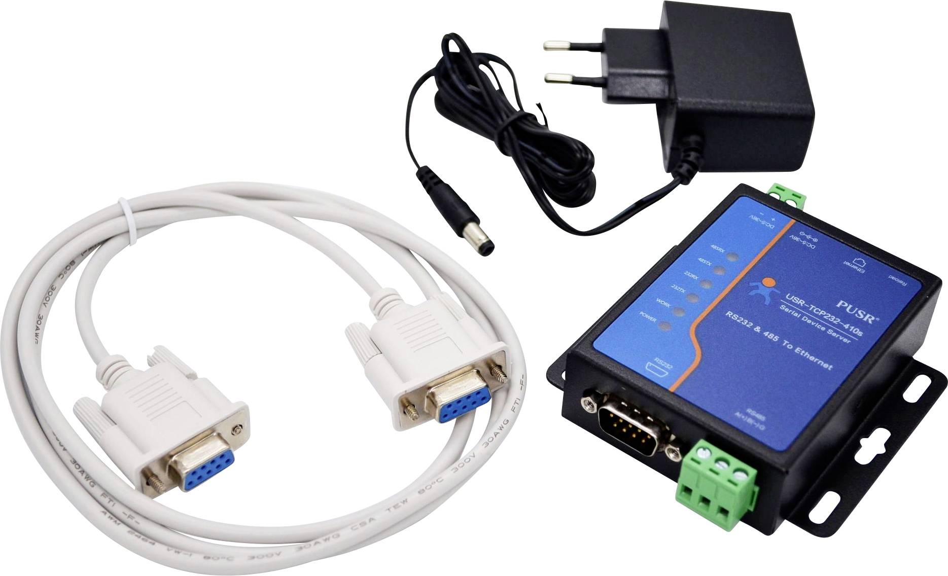 Een netwerkinterfaceapparaat met indicatorlampjes, stroomadapter en seriële verbindingskabels, gebruikt voor modem- en routerconnectiviteit.
