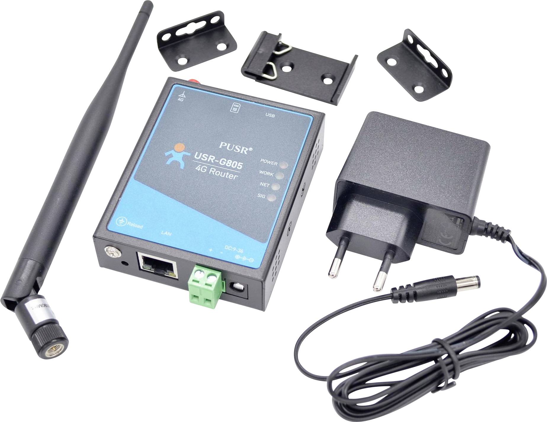 'USR-G805 4G Router' met een antenne, stroomadapter en bevestigingsbeugels inbegrepen.