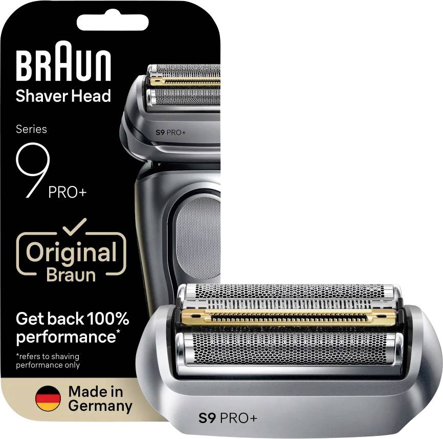 'Braun Shaver Head Series 9 Pro+' verpakking met scheerkop. Tekst: 'Originele Braun', 'Krijg 100% prestatie terug', 'Gemaakt in Duitsland'.