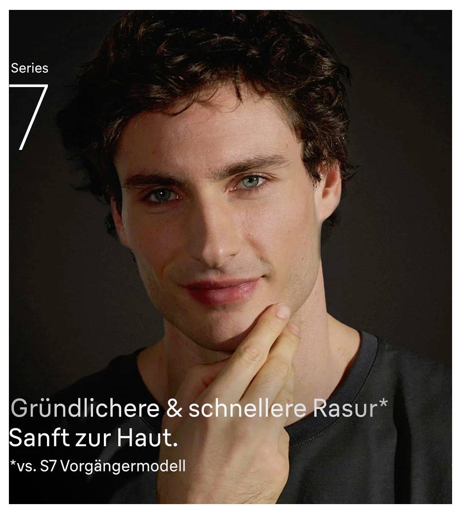 Een persoon die hun gezicht aanraakt, glimlachend, met tekst die een zachterder en sneller scheerresultaat promoot dan een vorig model, Series 7 scheerapparaat.
