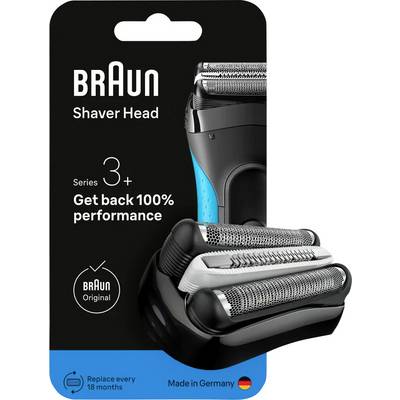 'Braun Shaver Head Serie 3+' verpakking. Hoogtepunten zijn onder meer 'Krijg 100% prestatie terug' met afbeelding van het scheerkop. Gemaakt in Duitsland.