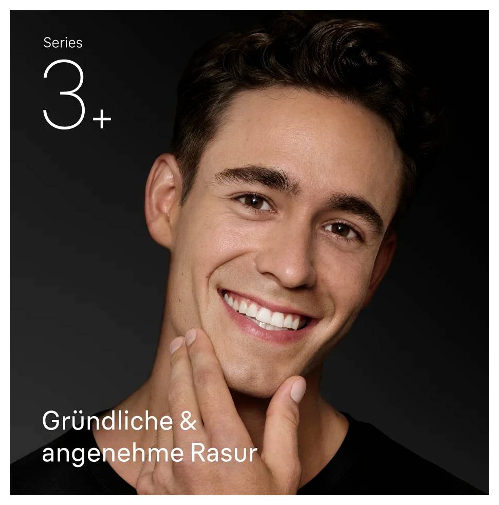 Een glimlachend persoon die hun gezicht aanraakt; de tekst leest 'Serie 3+' en 'Gründliche & angenehme Rasur', wat duidt op een gladde scheerbeurt.