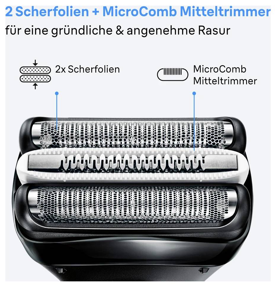'2 Scheerfolies + MicroComb Middeltrrimmer', een elektrisch scheermes met drie bladen voor een grondige en comfortabele scheerbeurt.