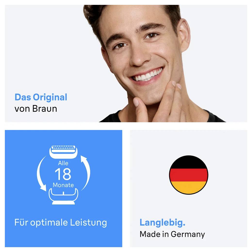 'Das Original van Braun' productadvertentie met een glimlachend persoon dat hun gezicht aanraakt, met de nadruk op 'Voor optimale prestaties' elke 18 maanden; bevat 'Duurzaam' en 'Gemaakt in Duitsland' met een Duitse vlag.