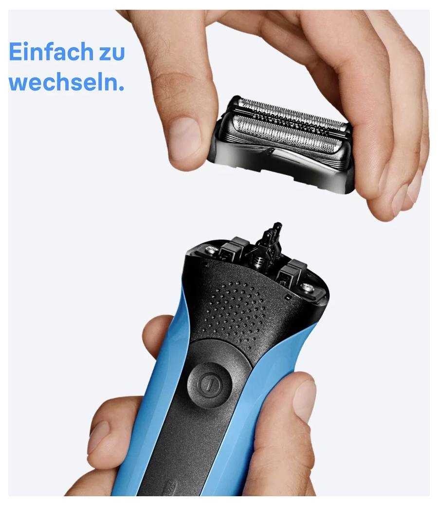 Een hand verwijdert de bovenkant van een blauw en zwart elektrisch scheerapparaat. Nederlandse tekst leest 'Gemakkelijk uit te wisselen,' wat 'Gemakkelijk te vervangen' betekent.