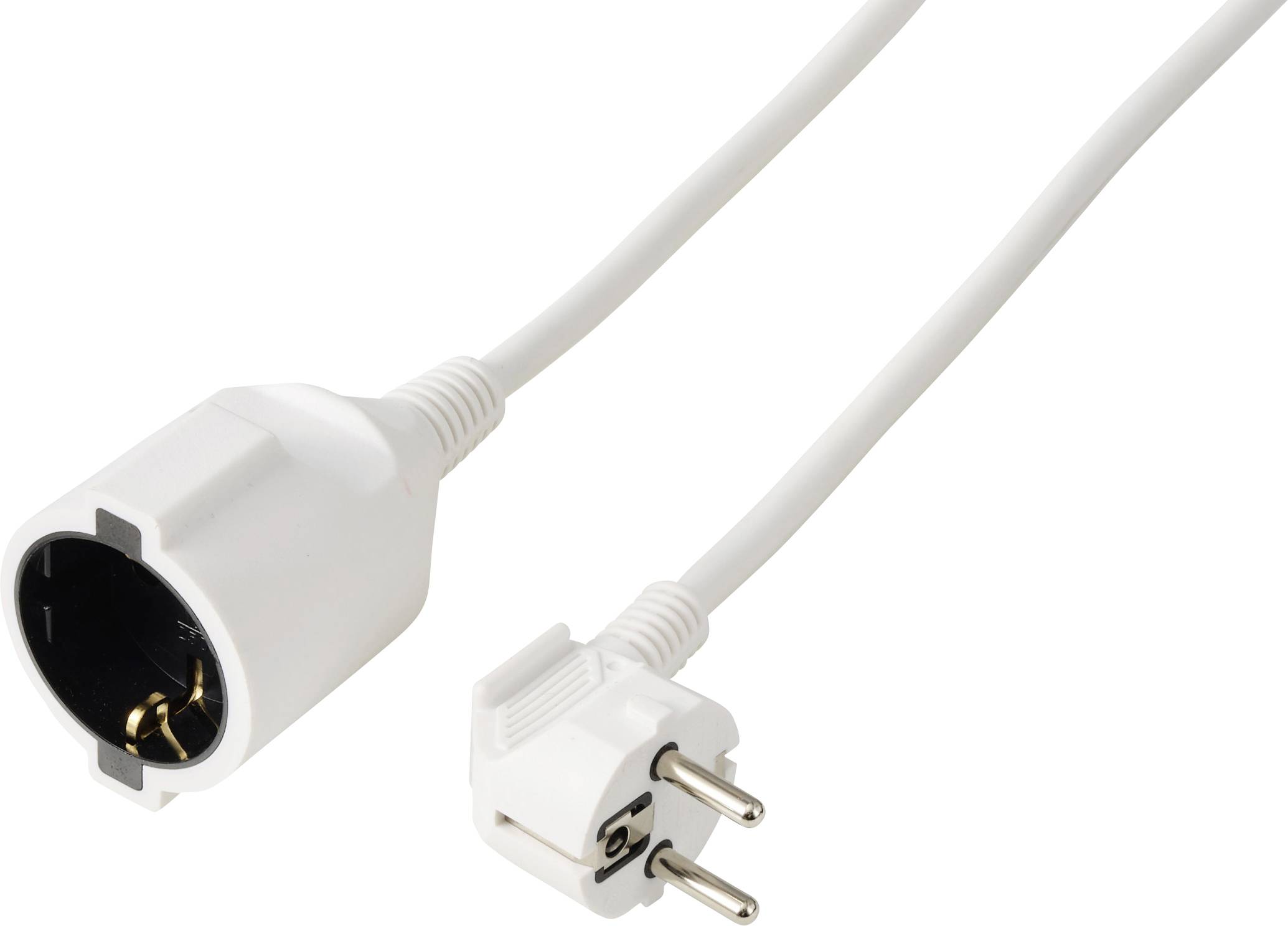 Witte stroomverlenging adapter kabel met een Europese twee-pins stekker en een vrouwelijk stopcontact op een witte achtergrond.