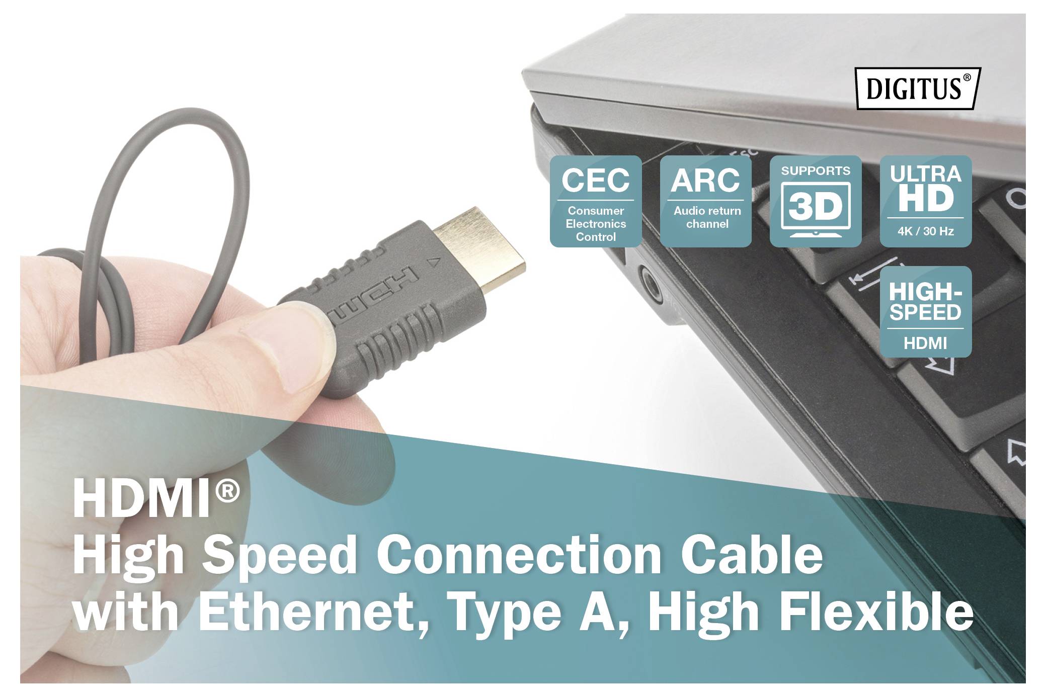 Een hand die een HDMI-kabel vasthoudt dicht bij een laptop. De tekst luidt: 'HDMI High Speed Connection Cable with Ethernet, Type A, High Flexible'.