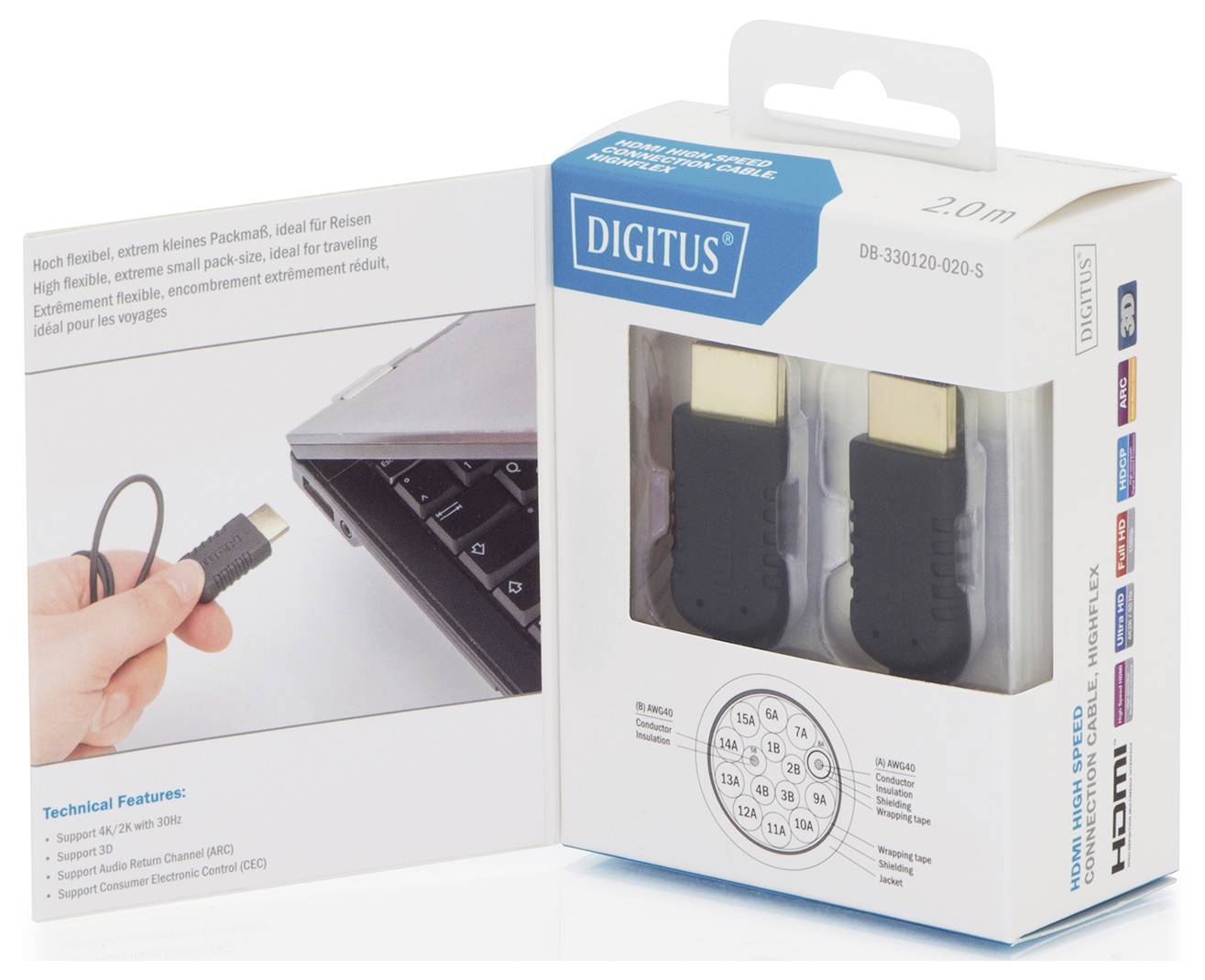 De afbeelding toont een DIGITUS HDMI-adapterverpakking met twee adapters. De doos benadrukt 'ondersteunt 4K' en specificeert een kabellengte van 2,0 meter.