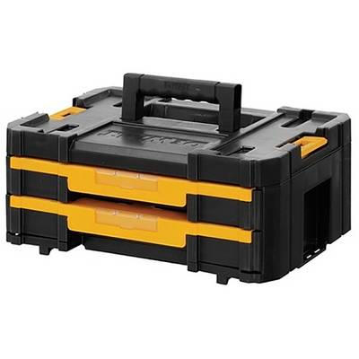 Een zwarte gereedschapskist met een handvat en twee oranje laden, ontworpen voor het vervoeren en organiseren van gereedschap.