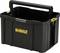 Een zwarte kunststof gereedschapskist met een draaggreep en een geel 'DEWALT'-logo aan de voorkant, ontworpen voor het opbergen van gereedschap en apparatuur.