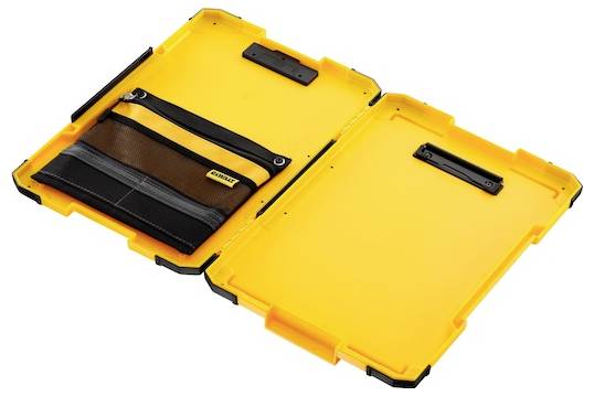 Open gele gereedschapskist met aangesloten ritssluiting buidel aan de linkerkant.