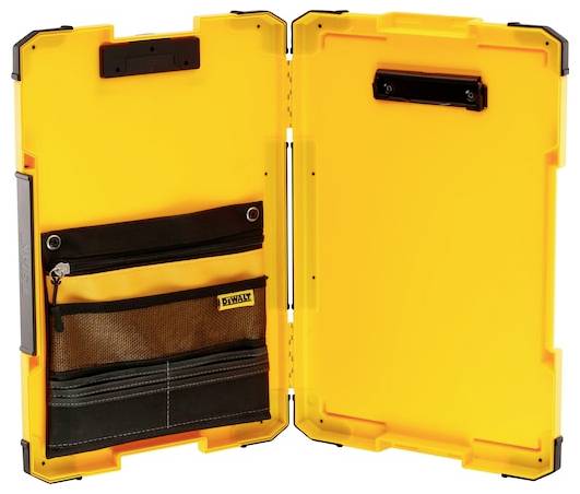 Een heldergeel, open hardcase met zakken aan de binnenkant, gebruikt voor het organiseren van gereedschap of kleine apparatuur. Bevat zwarte en netachtige vakken voor opberging.