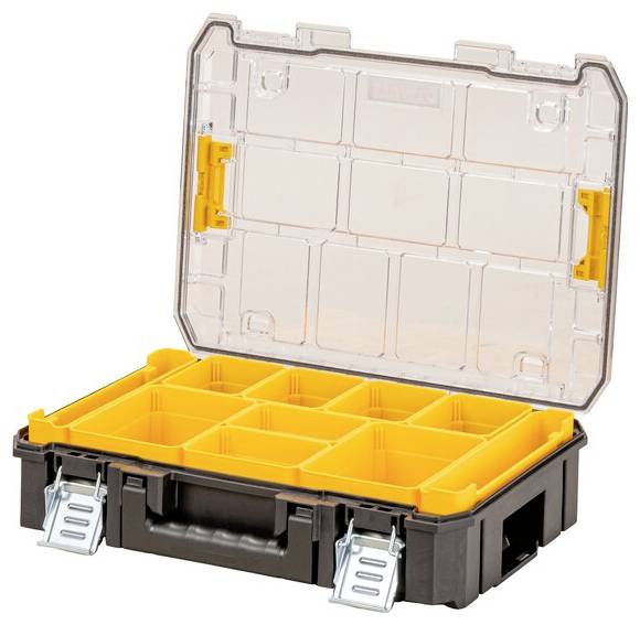 Een open plastic opslagorganizer met een transparant deksel en negen gele verwijderbare vakken voor het ordenen van gereedschap en kleine voorwerpen.