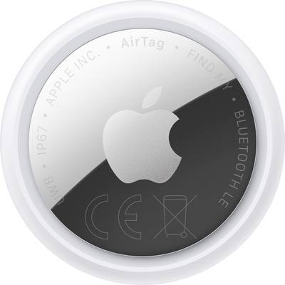Een close-upafbeelding van een Apple AirTag, waarbij het zilveren schijfontwerp met het Apple-logo in het midden is te zien, omgeven door merkinformatie.