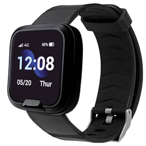 Een zwart smartwatch toont '12:08', '05/20', 'do' op het scherm, met 4G-signaal en 80% batterij. De band is getextureerd en verstelbaar.