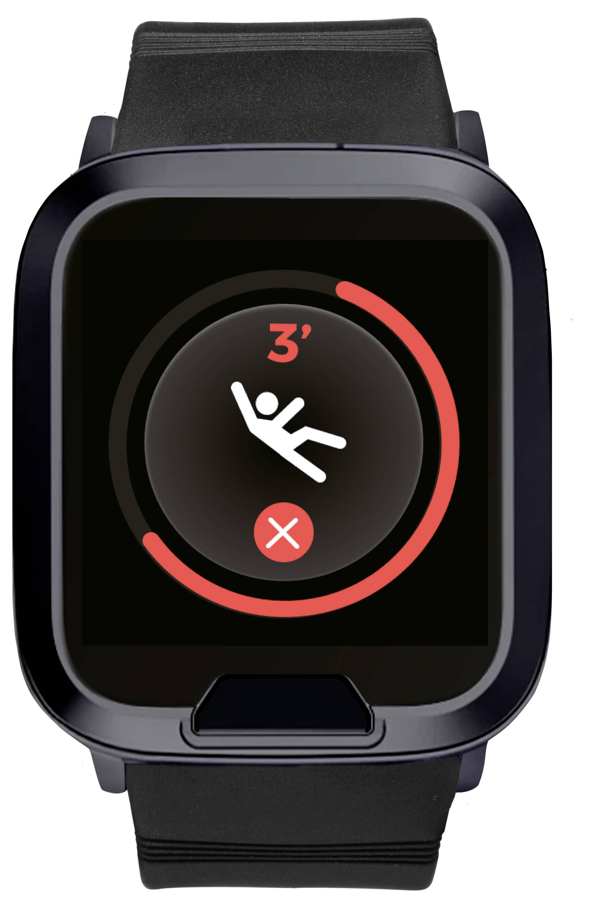 Een smartwatch-scherm geeft een valdetectie-waarschuwing weer, met een pictogram van een vallende persoon en een rode circulaire timer ingesteld op 3 seconden.