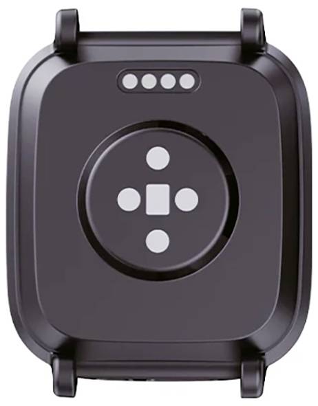 Een close-upafbeelding van de onderkant van een zwart smartwatch met vier sensorknoppen in een cirkel gerangschikt, wat suggereert dat het gezondheidsmonitoringfuncties heeft.